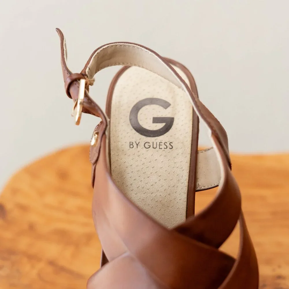 Guess G by Guess 8.5M Brown Cork Wedge Sandals Platform Strappy Heels - Picture 3 of 9